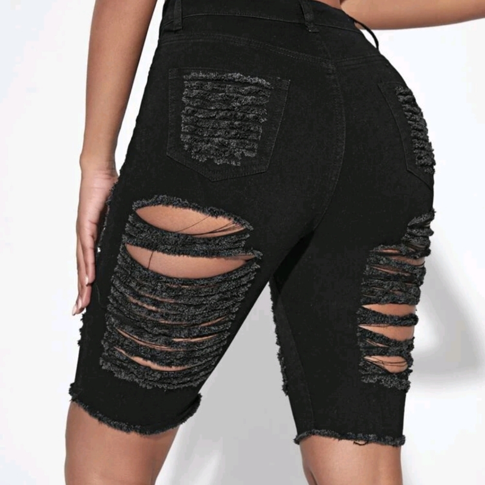Sexy ripped raw hem denim biker shorts
